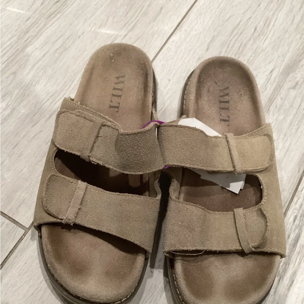 Wilt Kids' Tan Suede Double Strap Slide Sandals